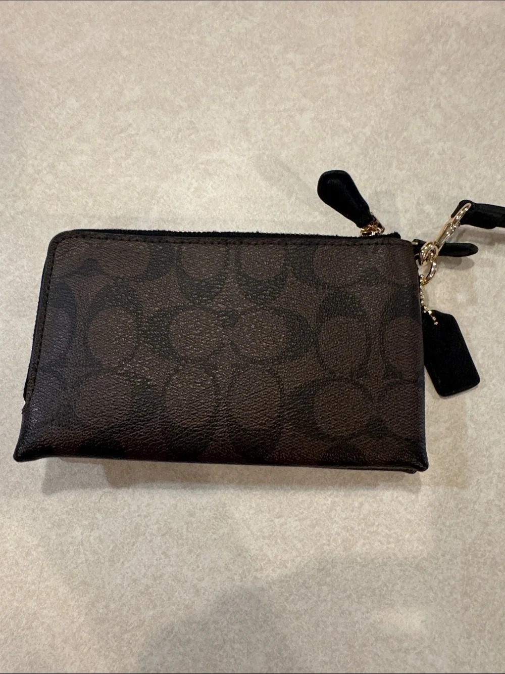 Coach Dark Brown Signature Double Zip Wristlet with Gold Hardware